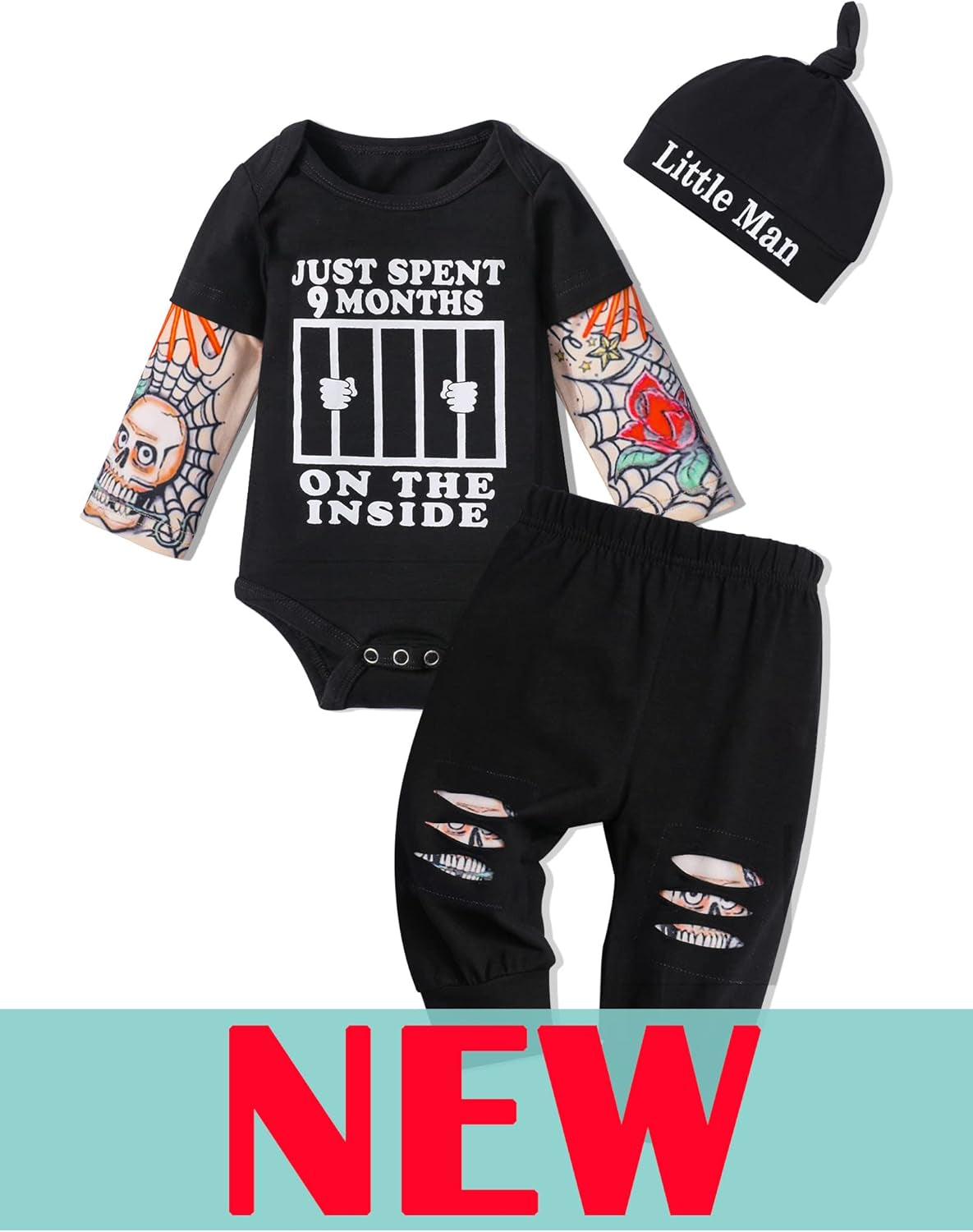 Baby Boy Clothes Tattoo Sleeve Funny Romper Bodysuit+Pants 3PCS Infant Outfits Set