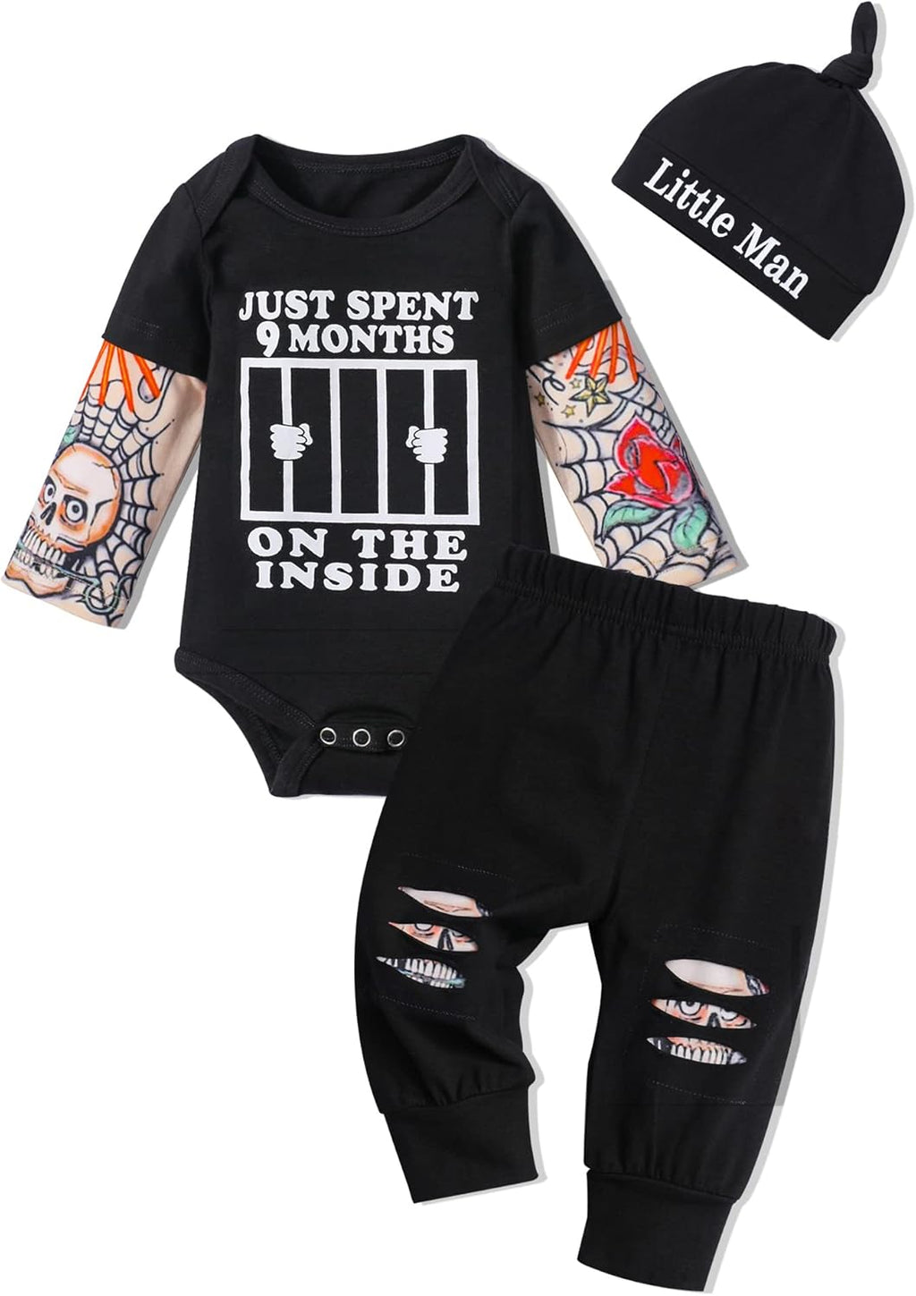 Baby Boy Clothes Tattoo Sleeve Funny Romper Bodysuit+Pants 3PCS Infant Outfits Set