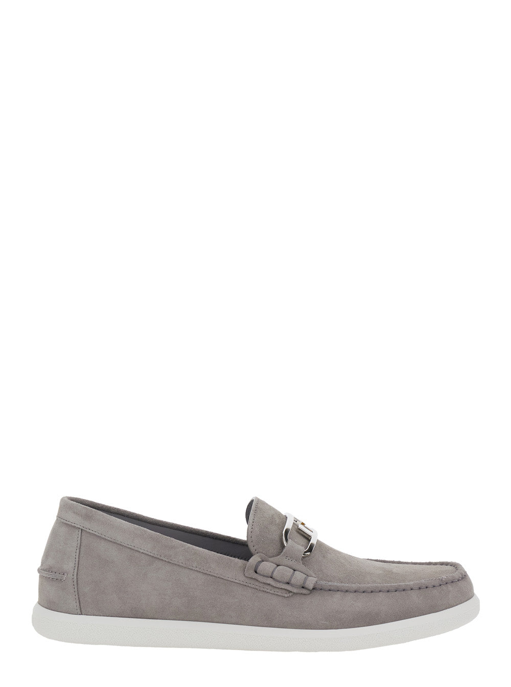 Fendi Men Grey Loafers With Ff Metal Buckle And Contrasting Sole In Suede Man