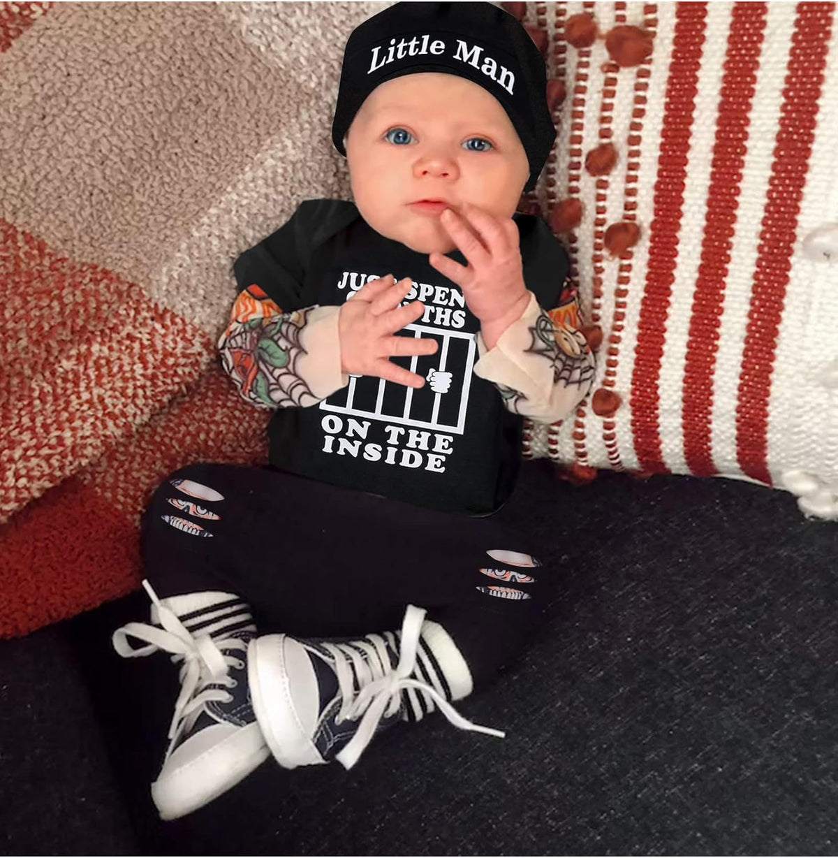 Baby Boy Clothes Tattoo Sleeve Funny Romper Bodysuit+Pants 3PCS Infant Outfits Set