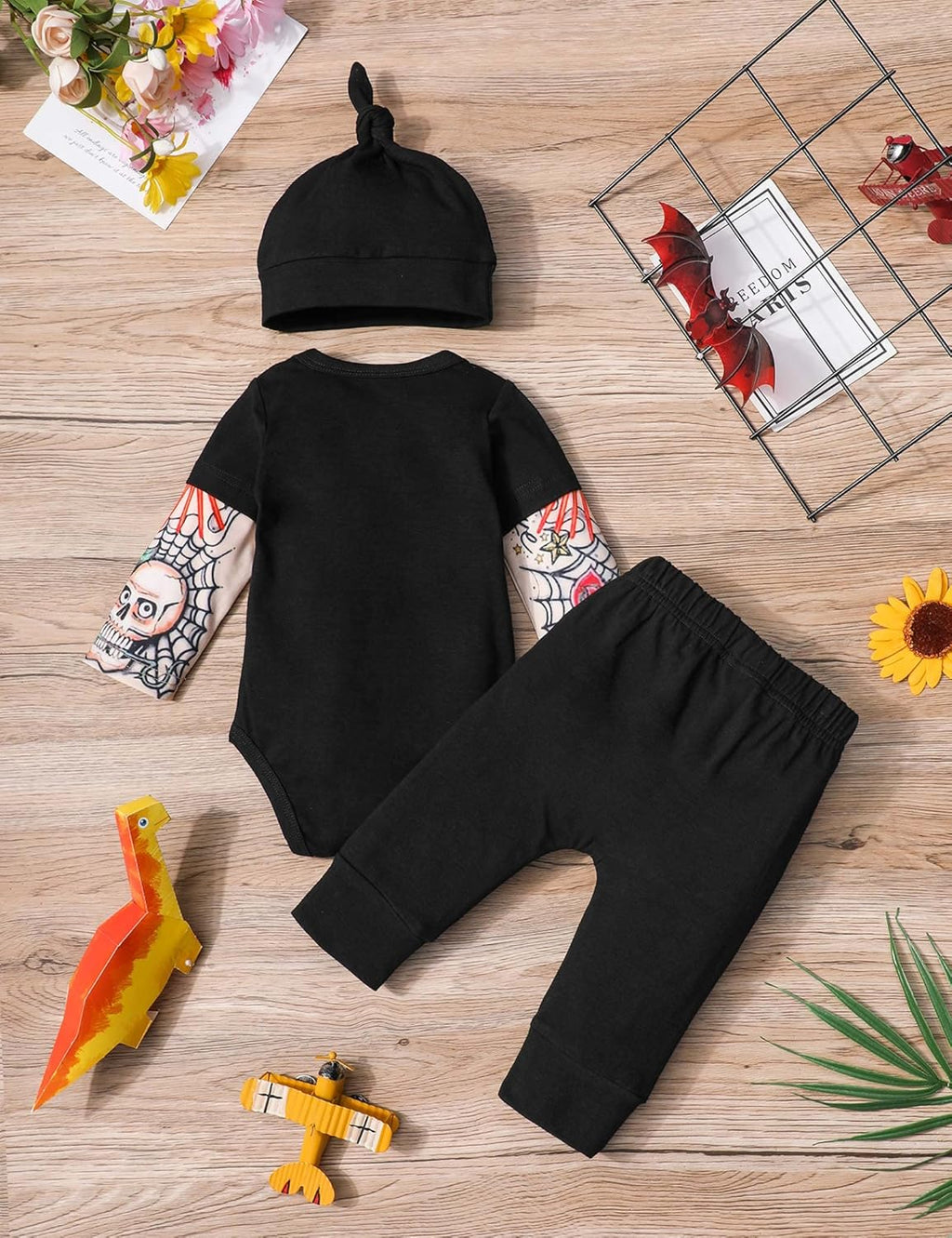 Baby Boy Clothes Tattoo Sleeve Funny Romper Bodysuit+Pants 3PCS Infant Outfits Set