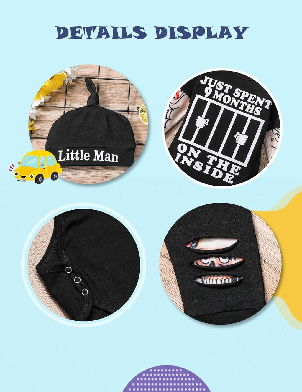 Baby Boy Clothes Tattoo Sleeve Funny Romper Bodysuit+Pants 3PCS Infant Outfits Set