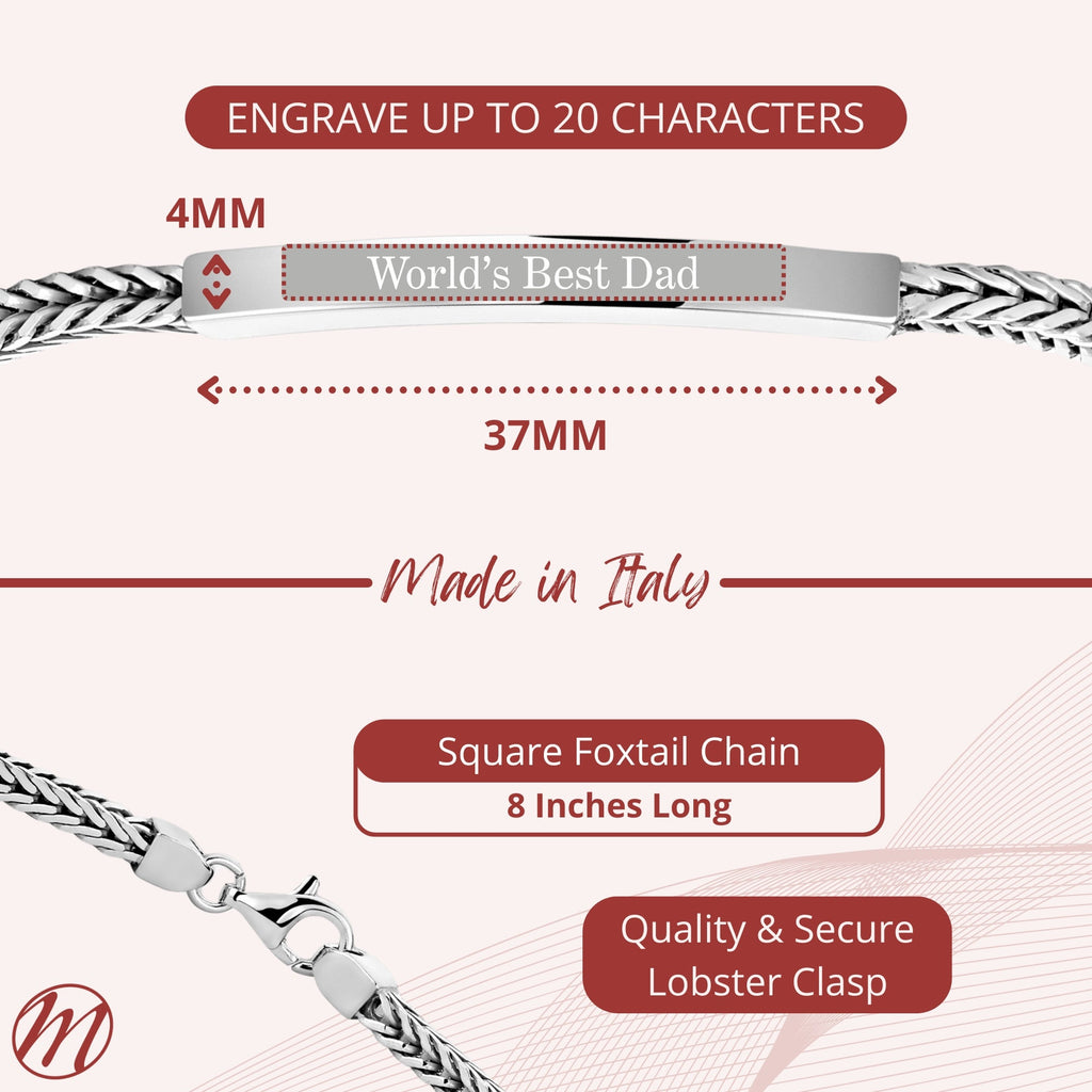 Sterling Silver Men's Engravable ID Bracelet, Square Foxtail Chain