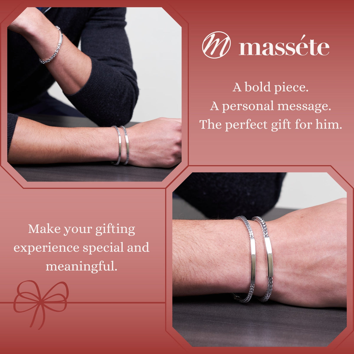 Sterling Silver Men's Engravable ID Bracelet, Square Foxtail Chain