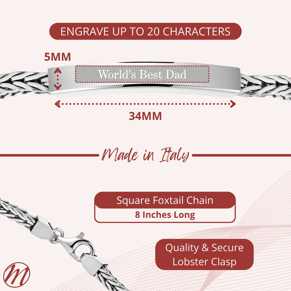 Sterling Silver Men's Engravable ID Bracelet, Square Foxtail Chain