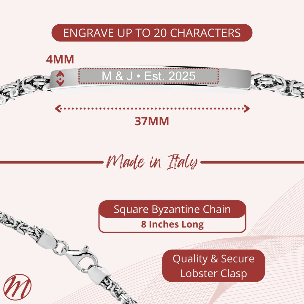 Sterling Silver Men's Engravable ID Bracelet, Square Byzantine Chain