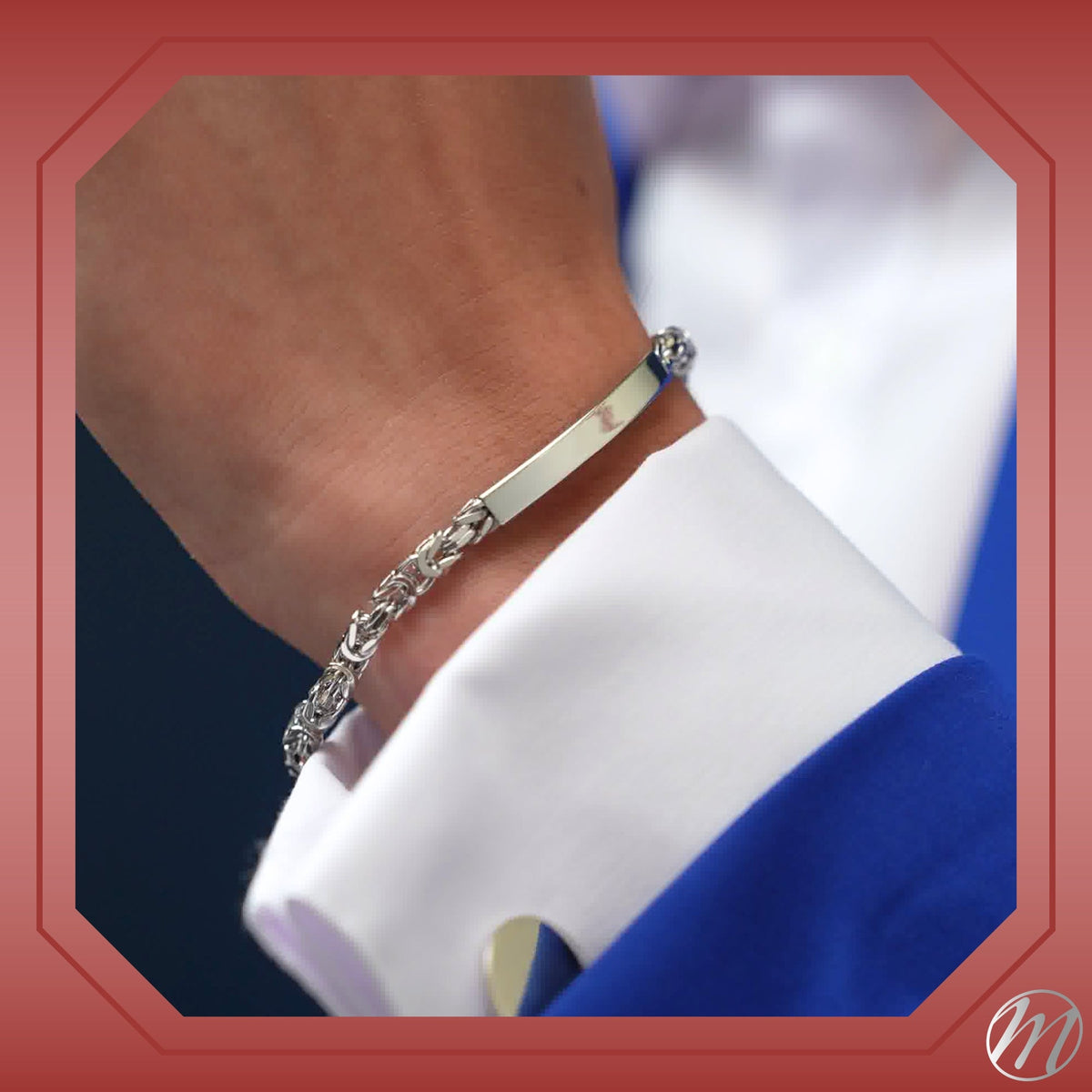 Sterling Silver Men's Engravable ID Bracelet, Square Byzantine Chain