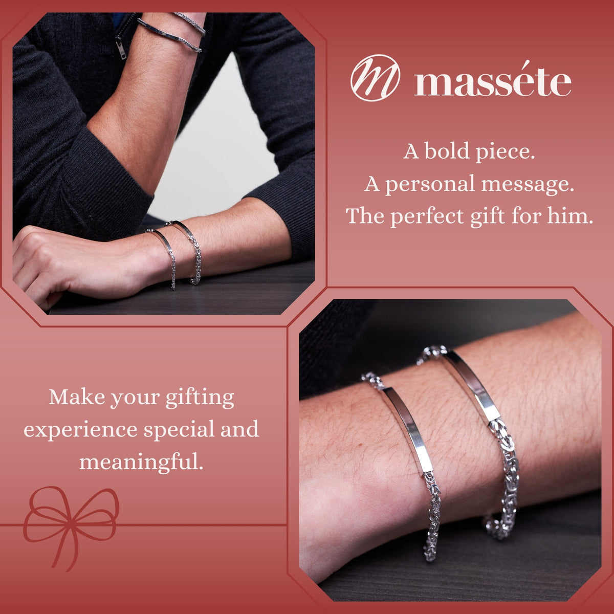 Sterling Silver Men's Engravable ID Bracelet, Square Byzantine Chain