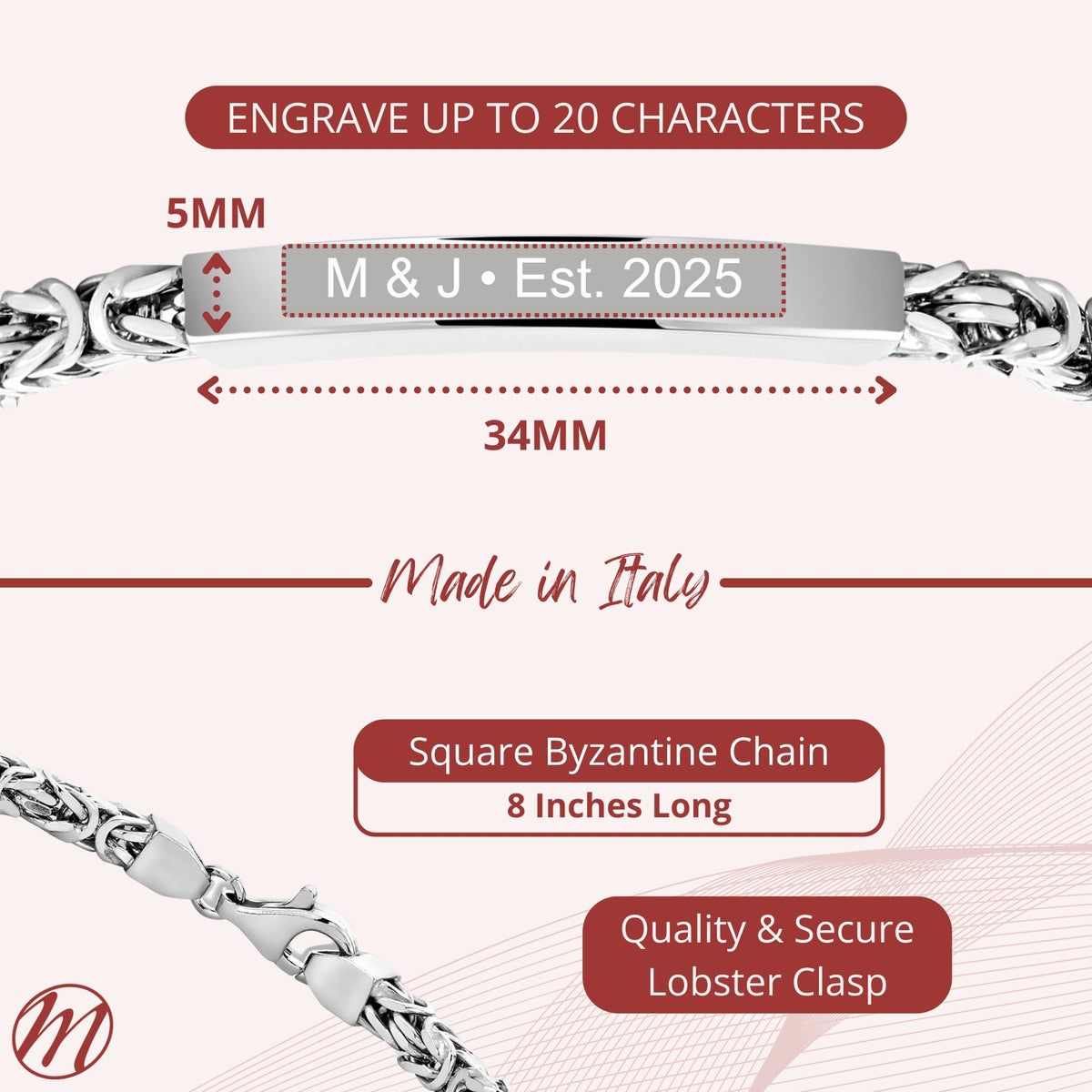 Sterling Silver Men's Engravable ID Bracelet, Square Byzantine Chain