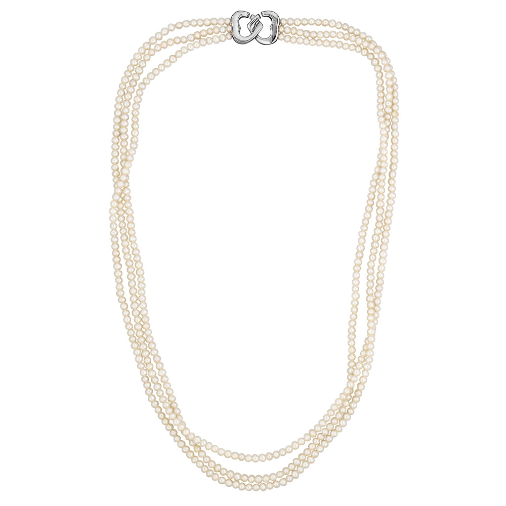MASSETE White Small Round Freshwater Cultured Pearl Triple Strand Necklace for Women Sterling Silver Double Heart Clasp 2.5mm 18"