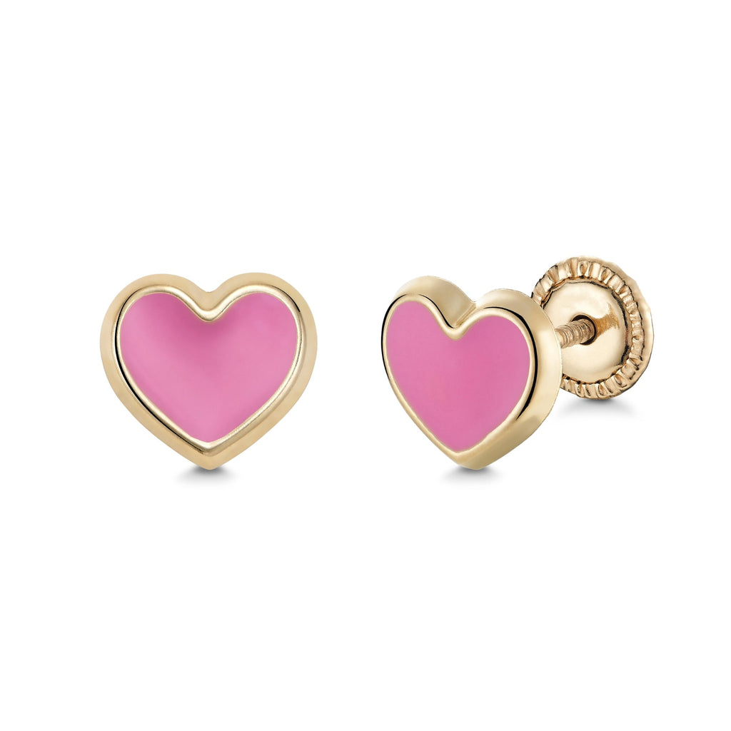 14K Yellow Gold Enamel Heart Stud Earrings, White or Pink