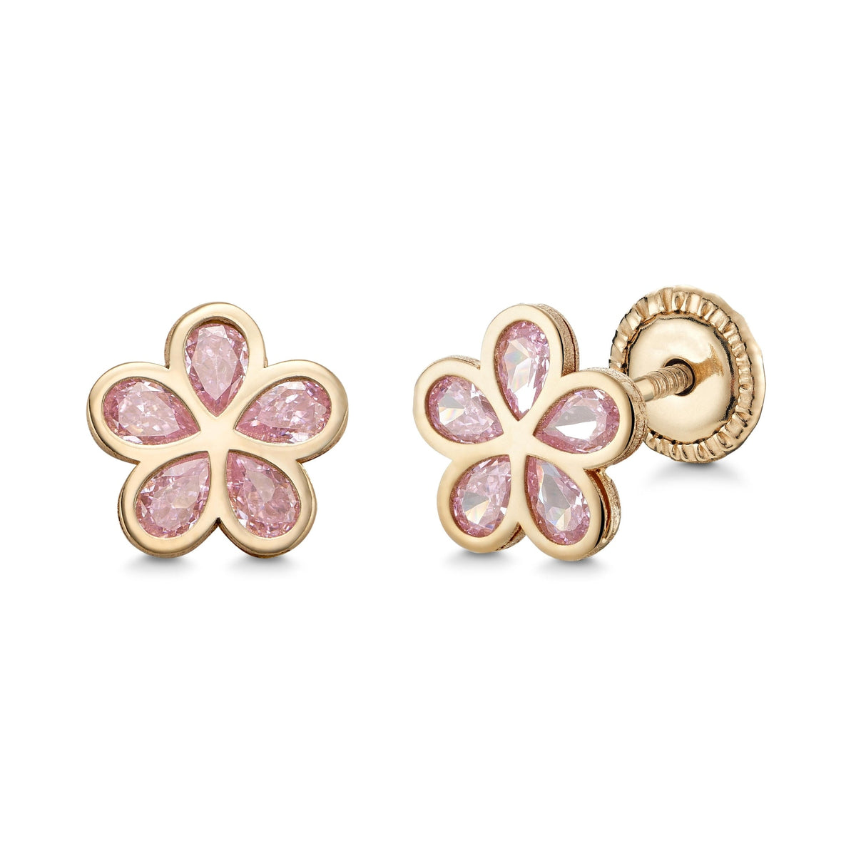 14K Yellow Gold Flower Stud Earrings with Simulated Gemstones, Pink or Purple