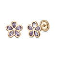 14K Yellow Gold Flower Stud Earrings with Simulated Gemstones, Pink or Purple