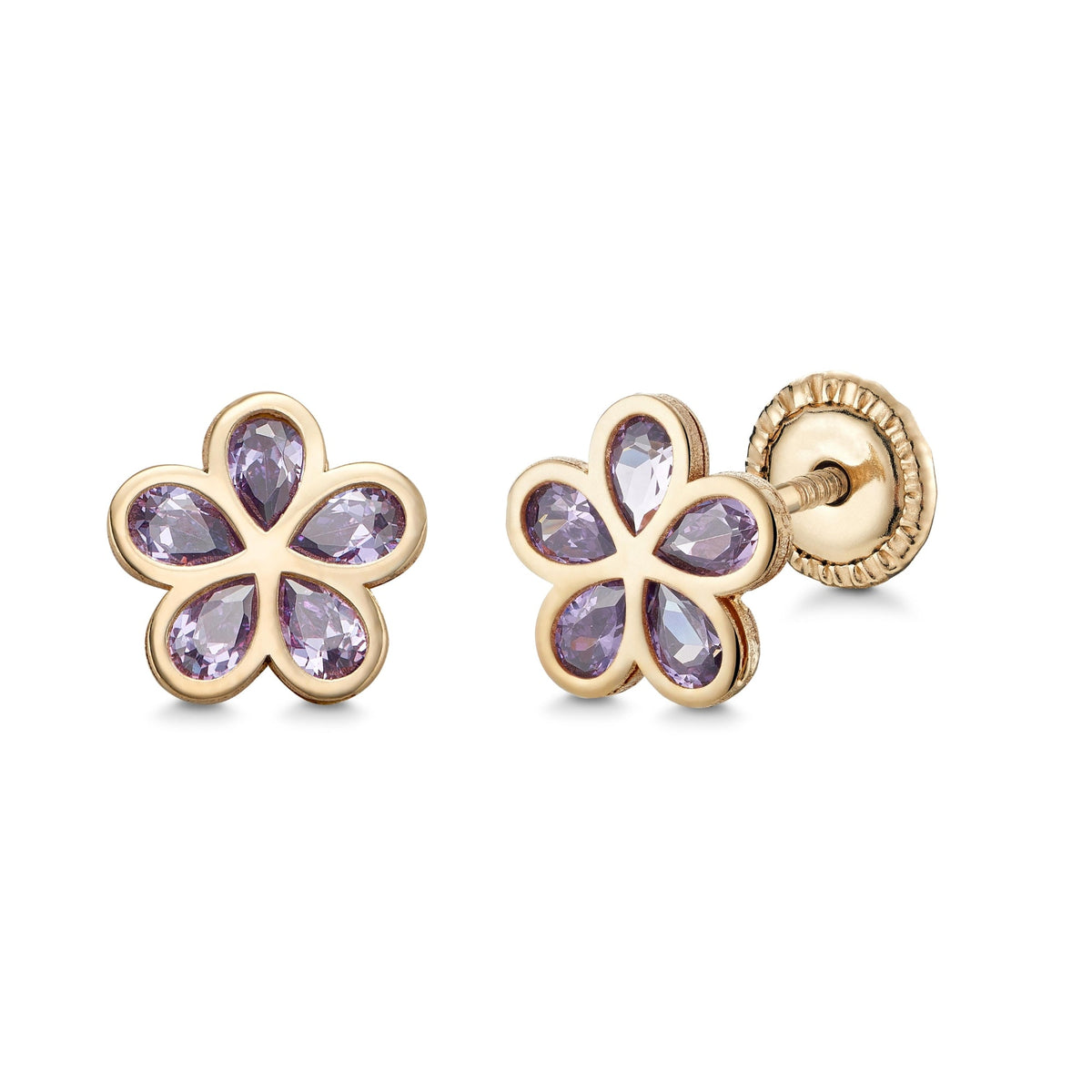 14K Yellow Gold Flower Stud Earrings with Simulated Gemstones, Pink or Purple