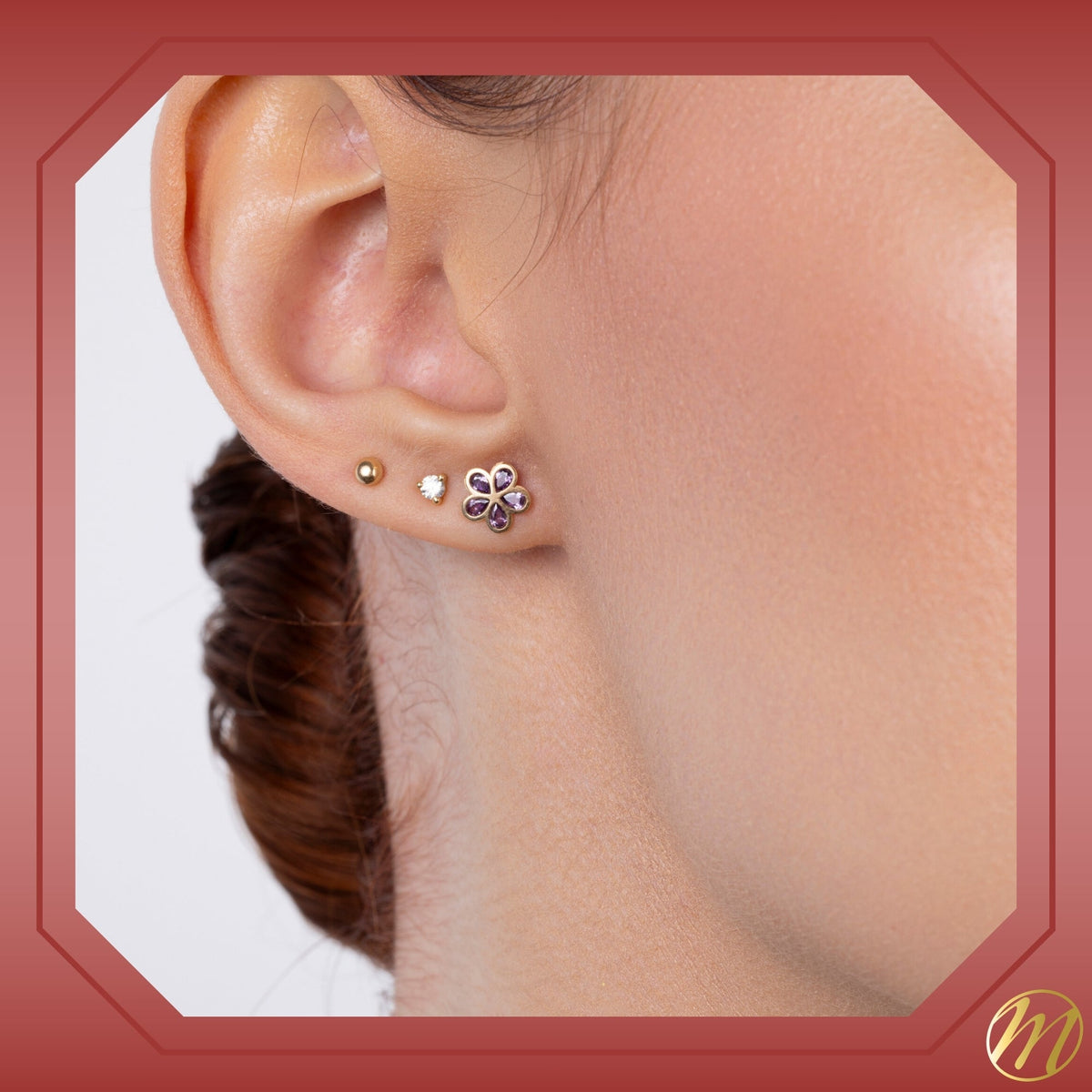 14K Yellow Gold Flower Stud Earrings with Simulated Gemstones, Pink or Purple
