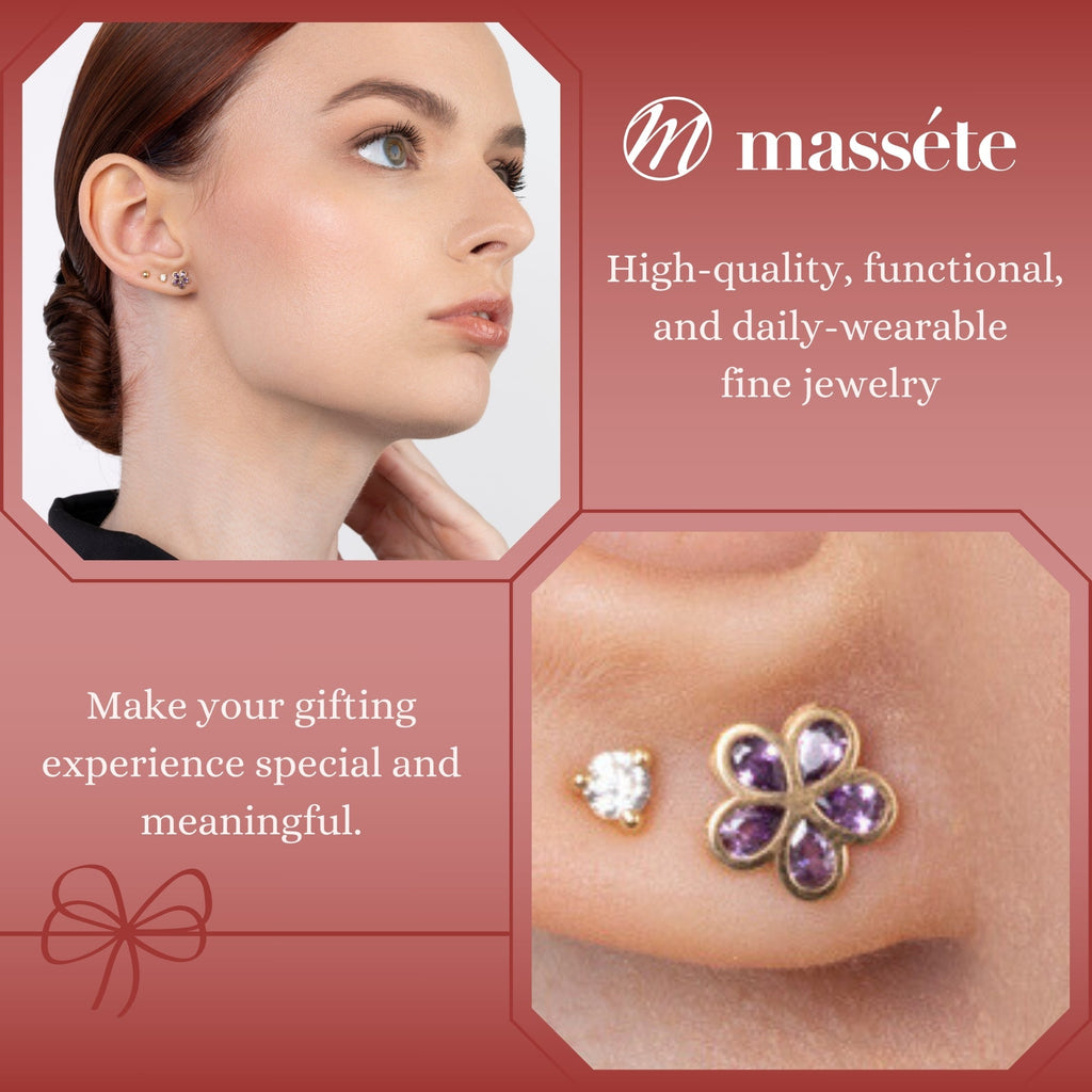 14K Yellow Gold Flower Stud Earrings with Simulated Gemstones, Pink or Purple