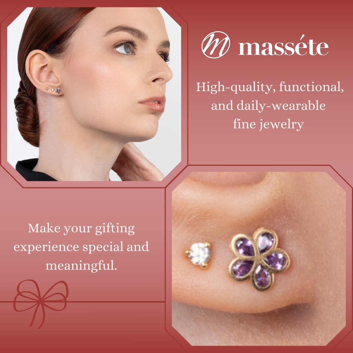 14K Yellow Gold Flower Stud Earrings with Simulated Gemstones, Pink or Purple