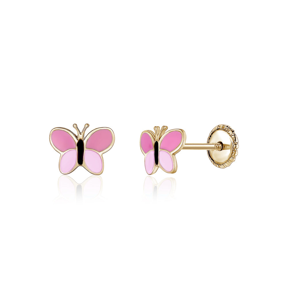 14k Yellow Gold Pink Enamel Butterfly Stud Earrings for Child - Covered Screwback Closure for Girls