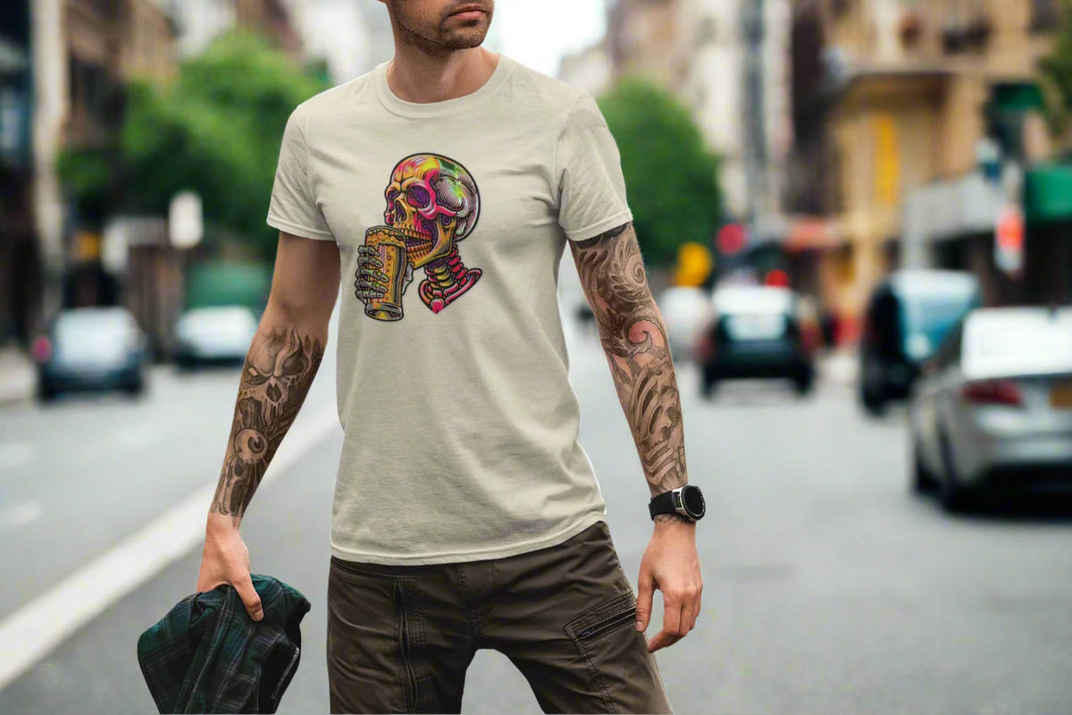 Beer Drinking Neon Skull Graphic Tee