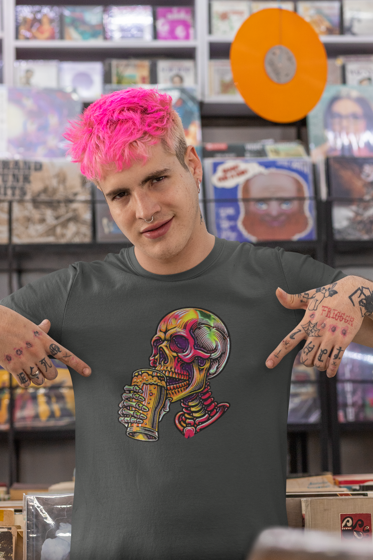 Beer Drinking Neon Skull Graphic Tee
