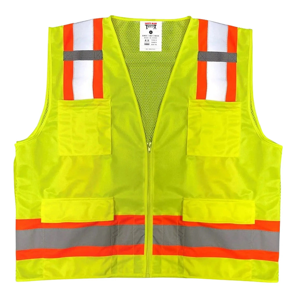 Safety Main 05TTSYZ Surveyor Vest, Class 2, Solid Front, Mesh Back, Hi-Vis Yellow, Pack of 10