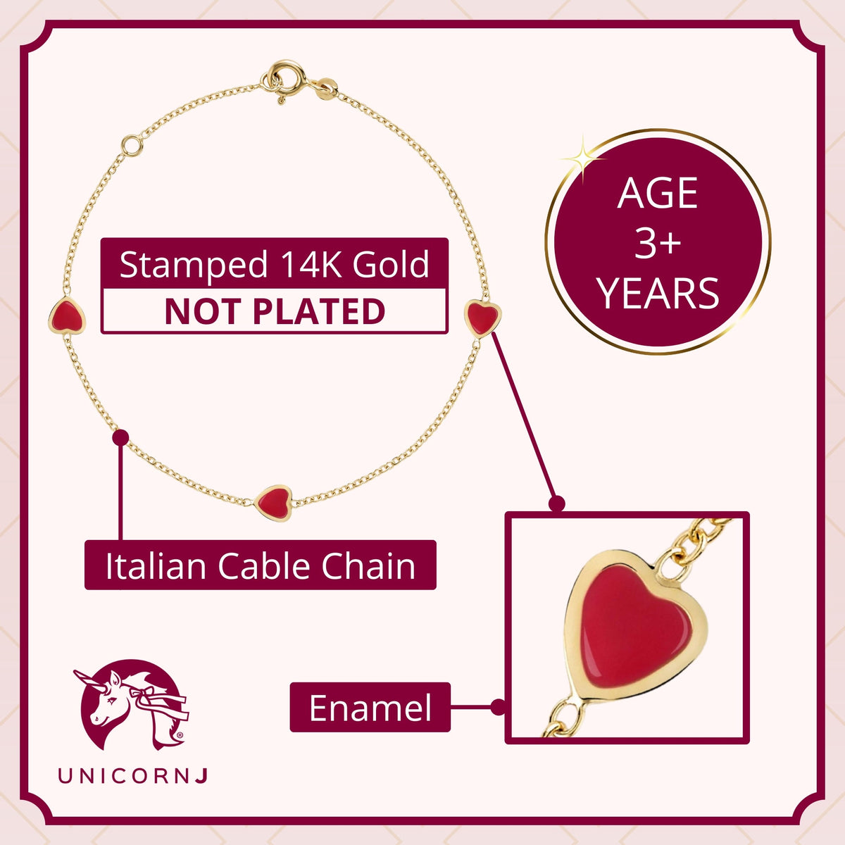 UNICORNJ 14k Yellow Gold with Enamel Heart Bracelet Italian Vertical Stacked 3 Heart Station for Girls Made in Italy 6.5"