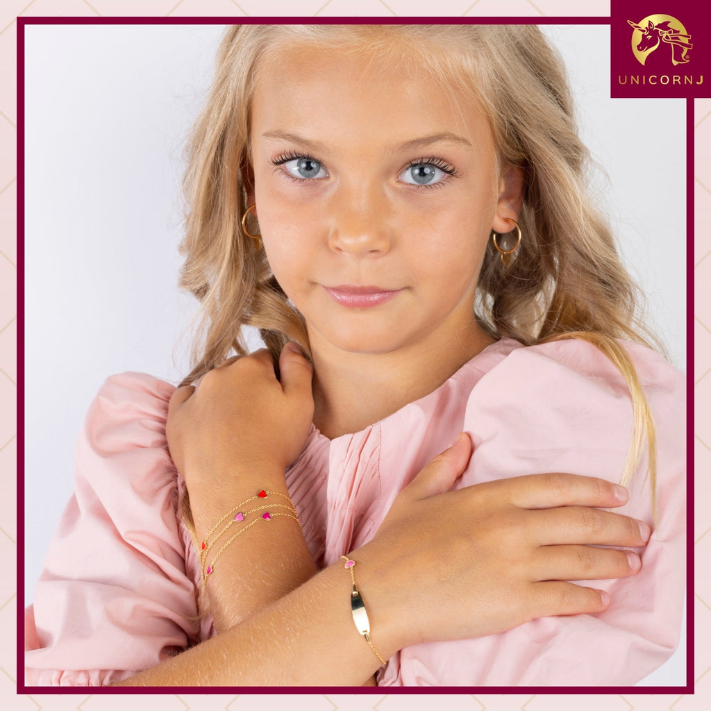 UNICORNJ 14k Yellow Gold with Enamel Heart Bracelet Italian Vertical Stacked 3 Heart Station for Girls Made in Italy 6.5"