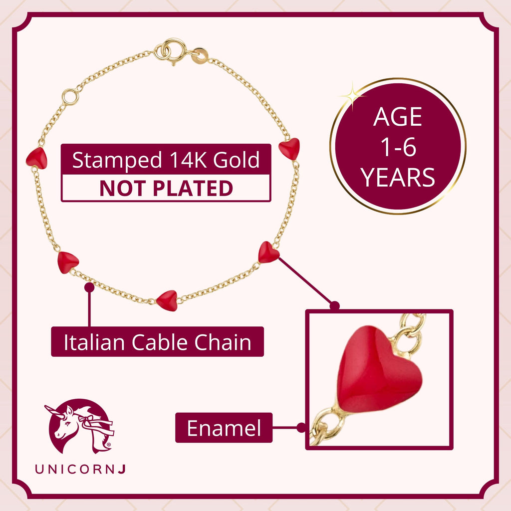 UNICORNJ 14k Yellow Gold Enamel Mini Heart Bracelet Charm Dangle or Vertical Stacked 5 Heart Station for Girls Kids Toddlers Babies Made in Italy 5.25 or 5.5 inches