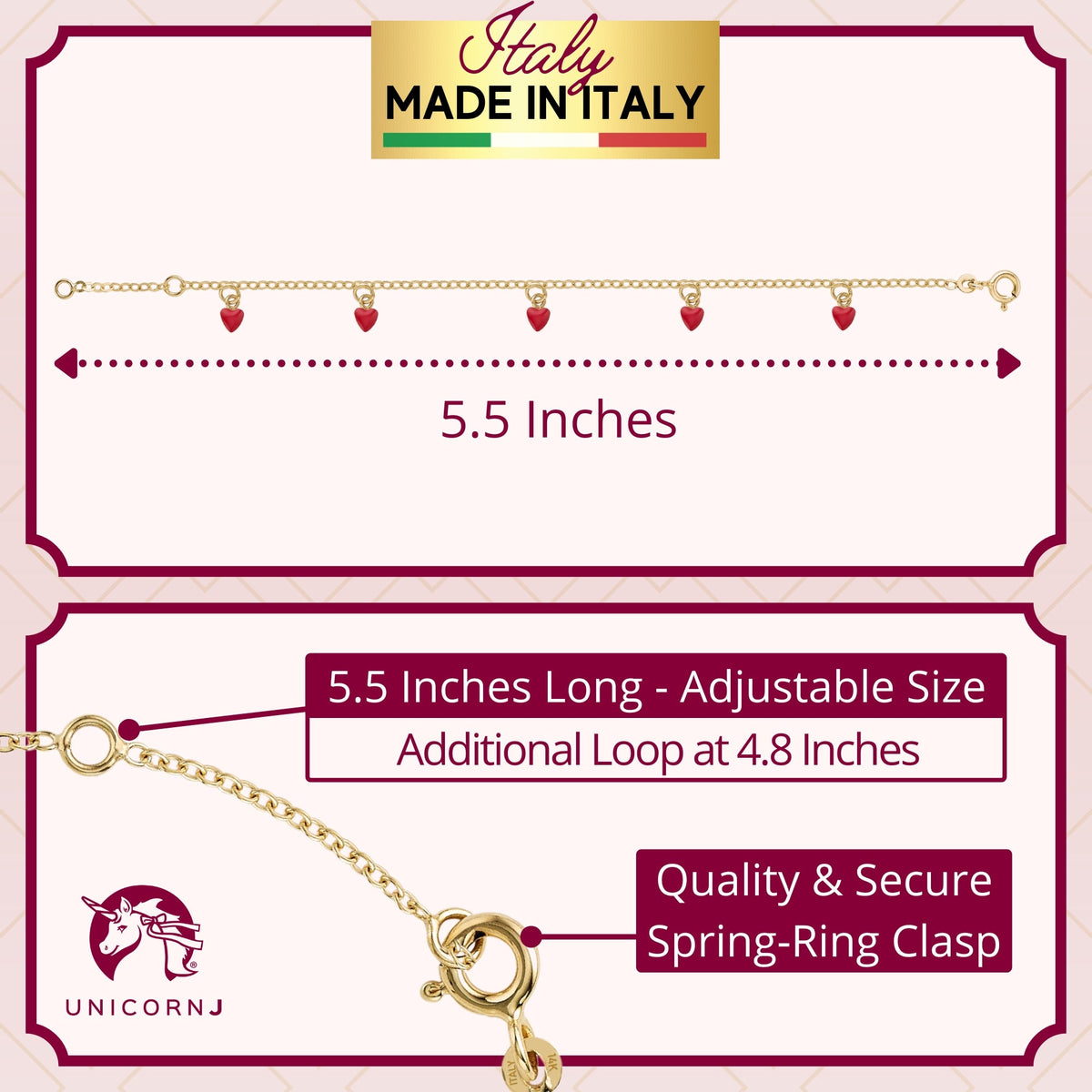 UNICORNJ 14k Yellow Gold Enamel Mini Heart Bracelet Charm Dangle or Vertical Stacked 5 Heart Station for Girls Kids Toddlers Babies Made in Italy 5.25 or 5.5 inches