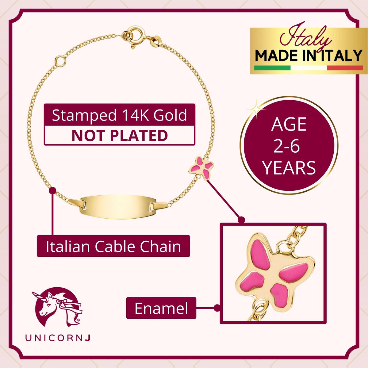 UNICORNJ 14K Yellow Gold Engravable ID Bracelet with Enamel Charm