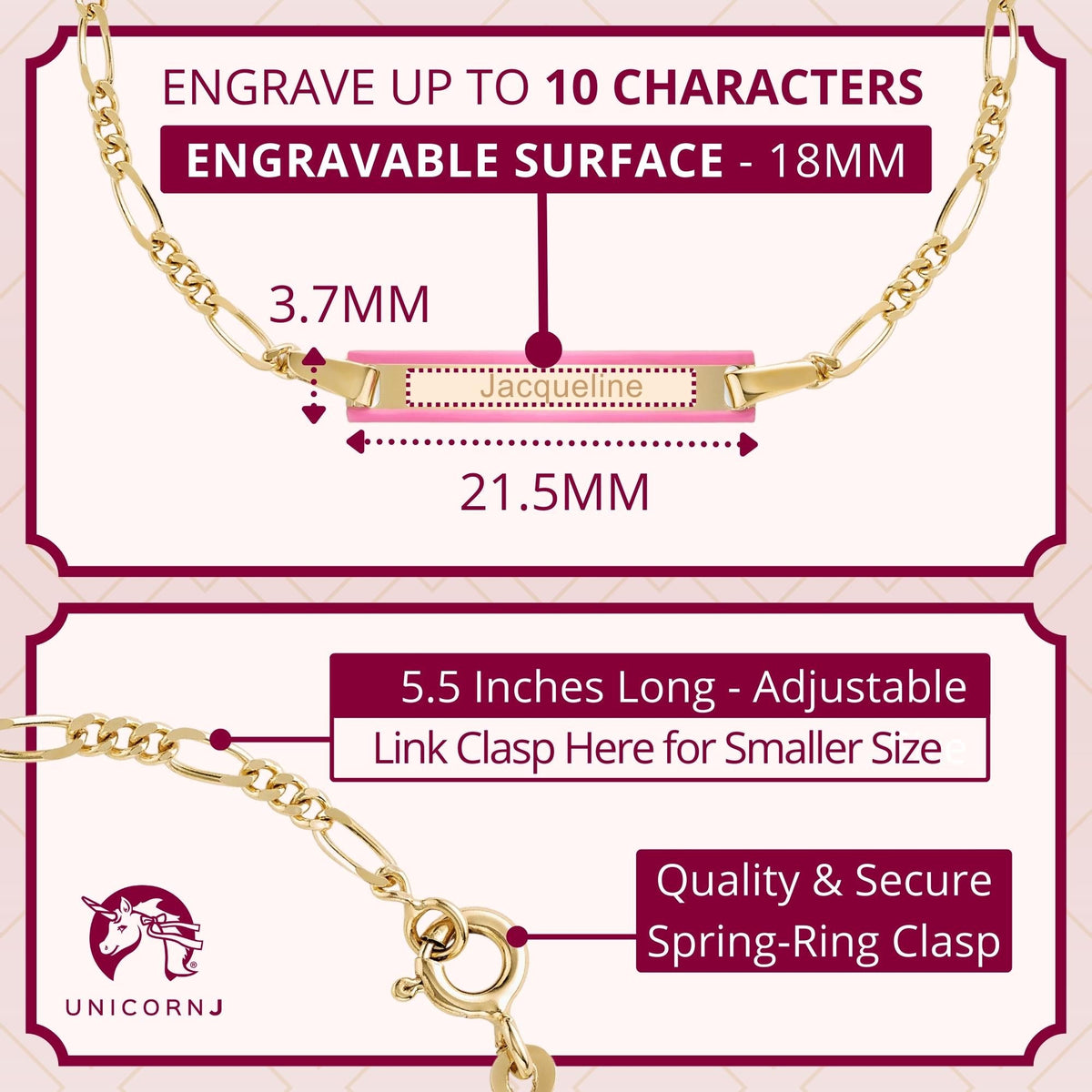 UNICORNJ 14K Yellow Gold Engravable ID Bracelet, Pink Enamel, 5.5 Inches
