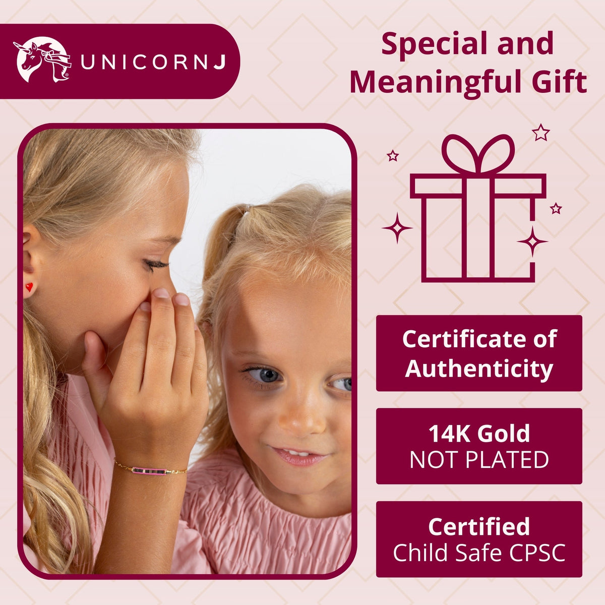 UNICORNJ 14K Yellow Gold Engravable ID Bracelet, Pink Enamel, 5.5 Inches