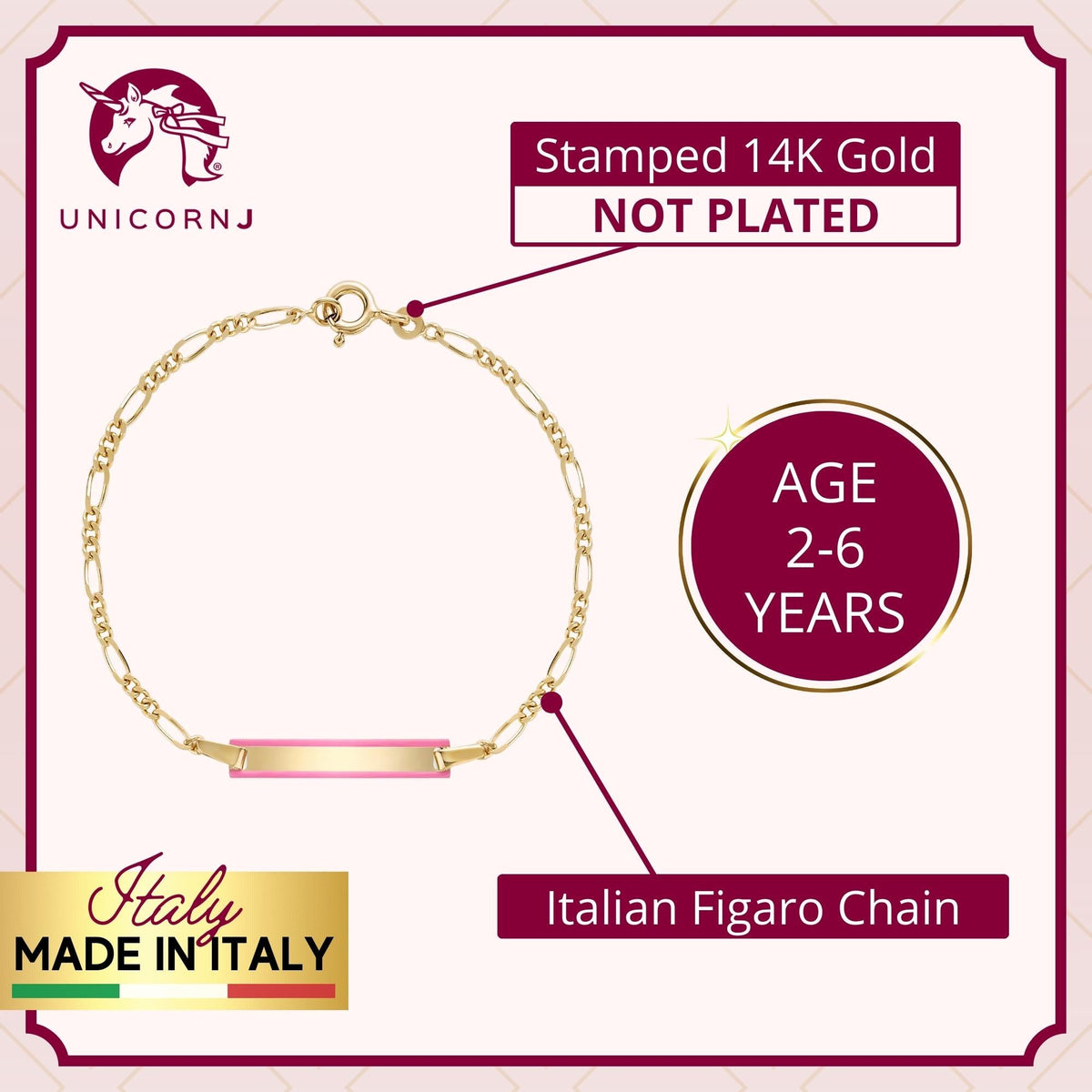 UNICORNJ 14K Yellow Gold Engravable ID Bracelet, Pink Enamel, 5.5 Inches