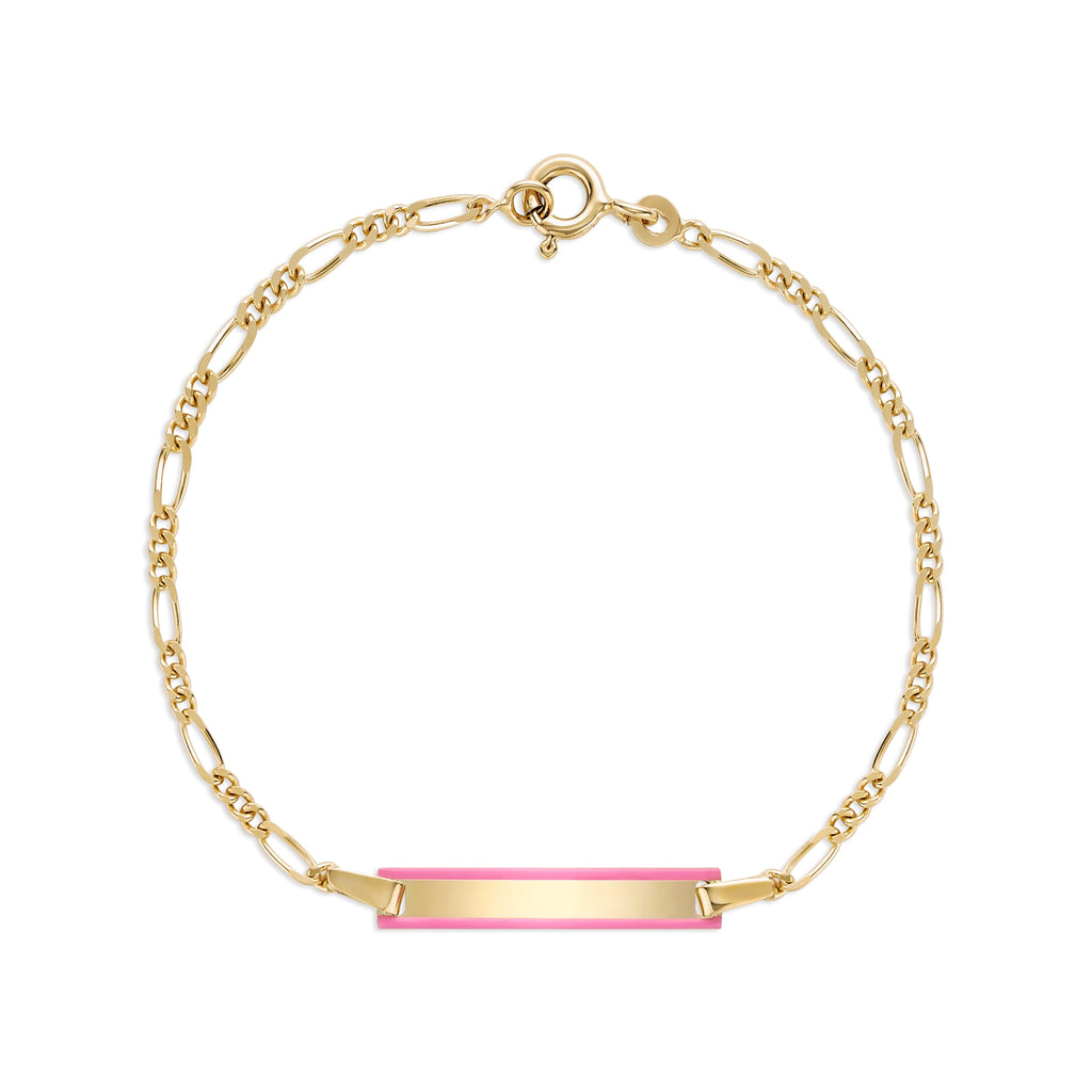 UNICORNJ 14K Yellow Gold Engravable ID Bracelet, Pink Enamel, 5.5 Inches