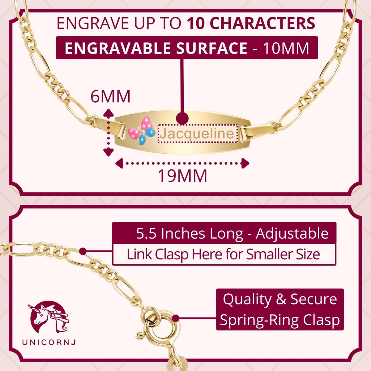 UNICORNJ 14K Yellow Gold Engravable Butterfly ID Bracelet, 5.5 Inches
