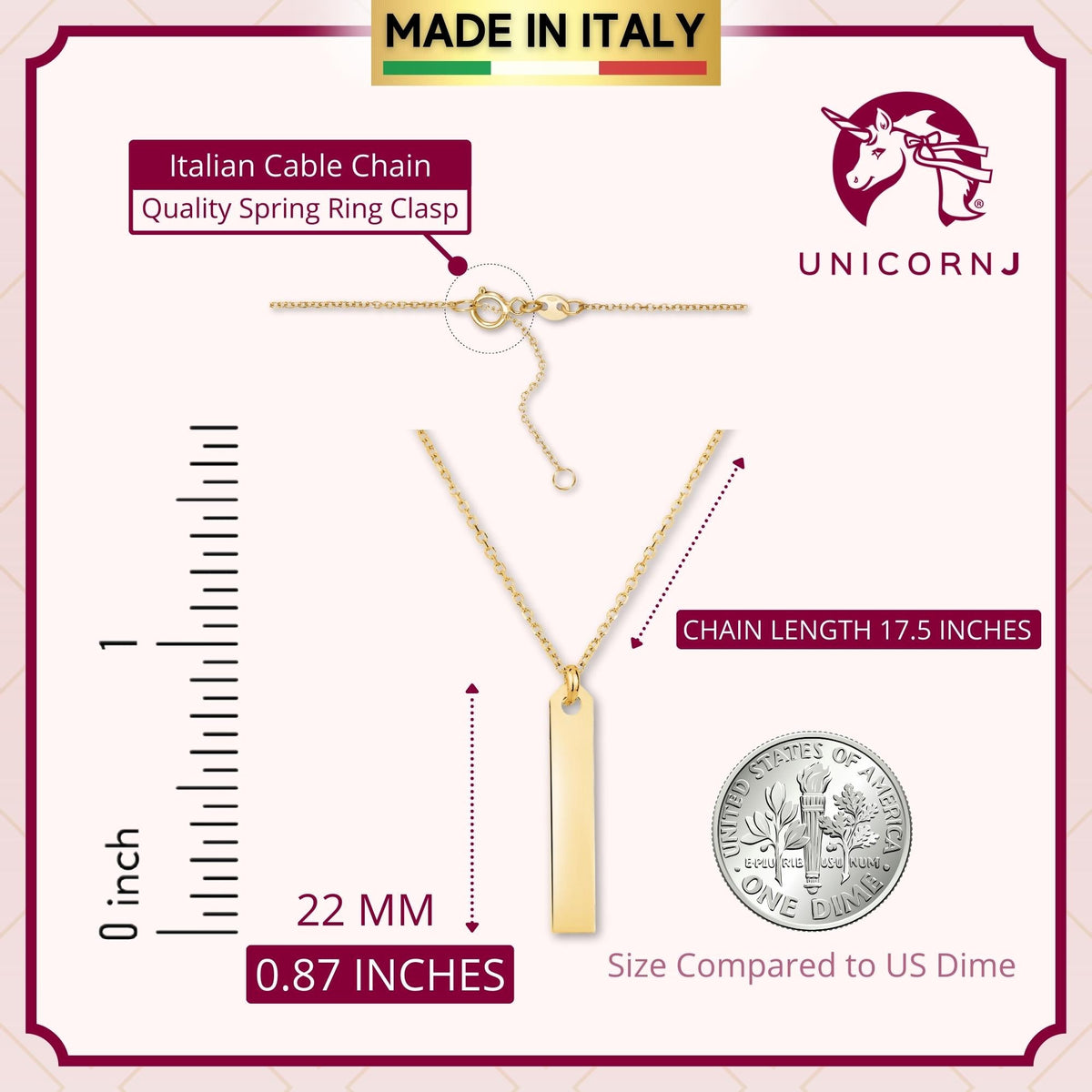 14K Yellow Gold Engravable Vertical Bar Pendant Necklace
