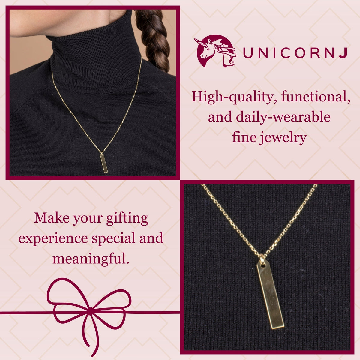 14K Yellow Gold Engravable Vertical Bar Pendant Necklace