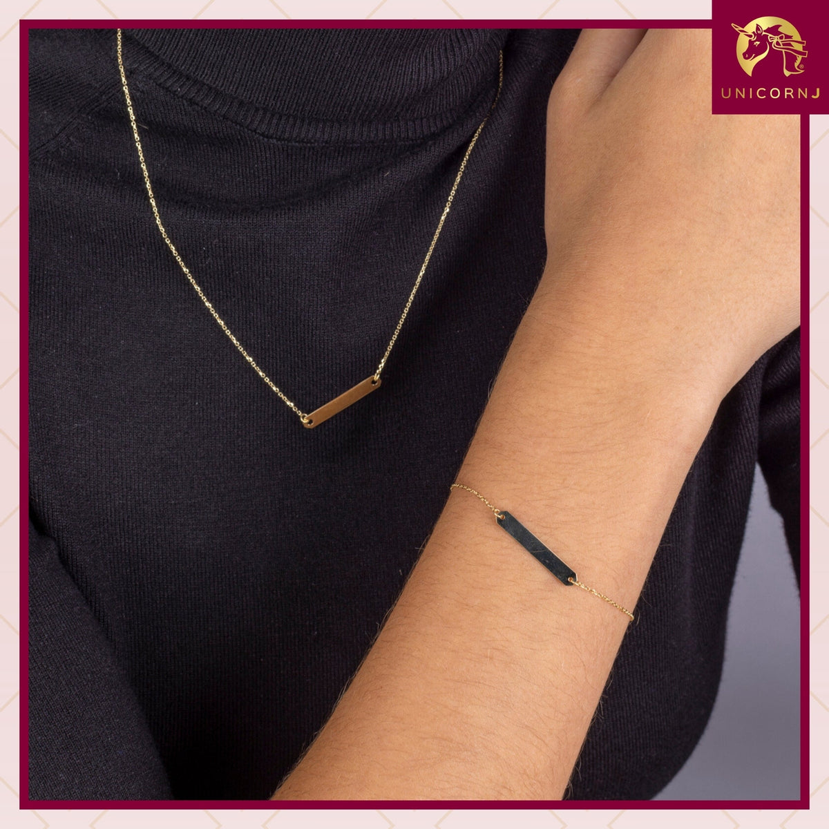 14K Yellow Gold Engravable Horizontal Bar Pendant Necklace