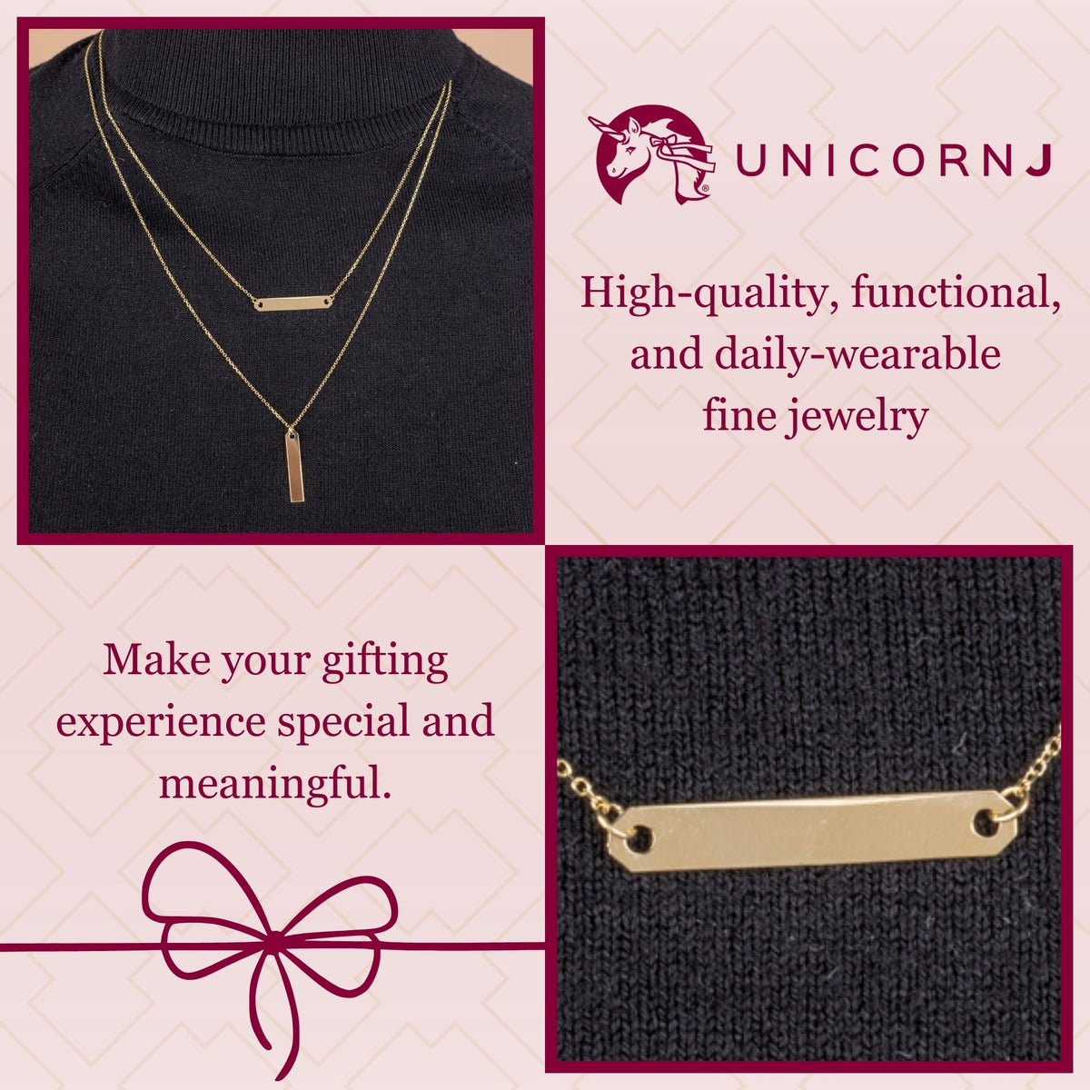 14K Yellow Gold Engravable Horizontal Bar Pendant Necklace