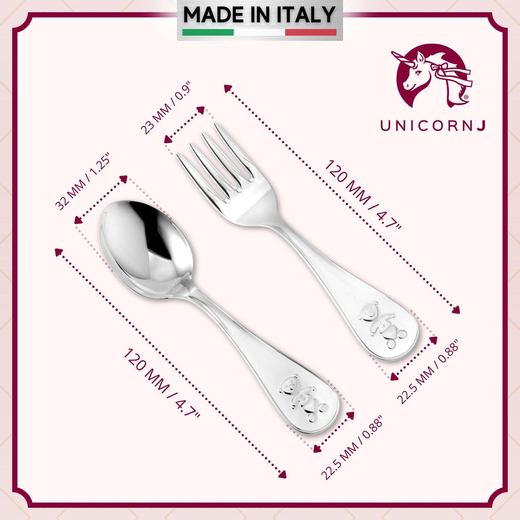 Sterling Silver Engravable Spoon and Fork Keepsake Set, Teddy Bear Design