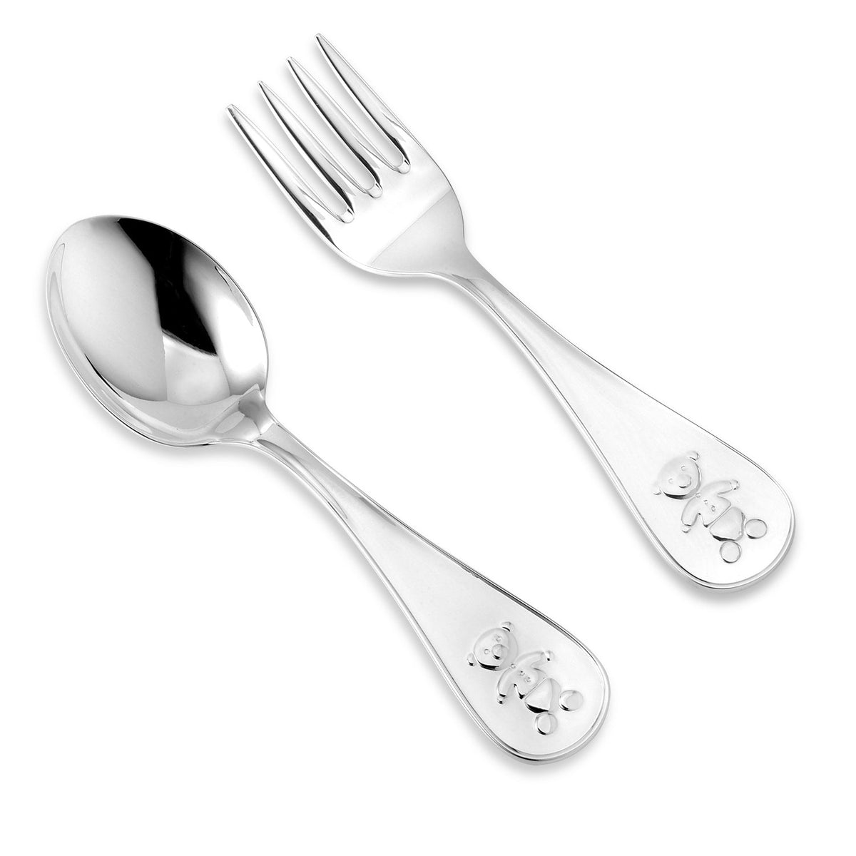 Sterling Silver Engravable Spoon and Fork Keepsake Set, Teddy Bear Design