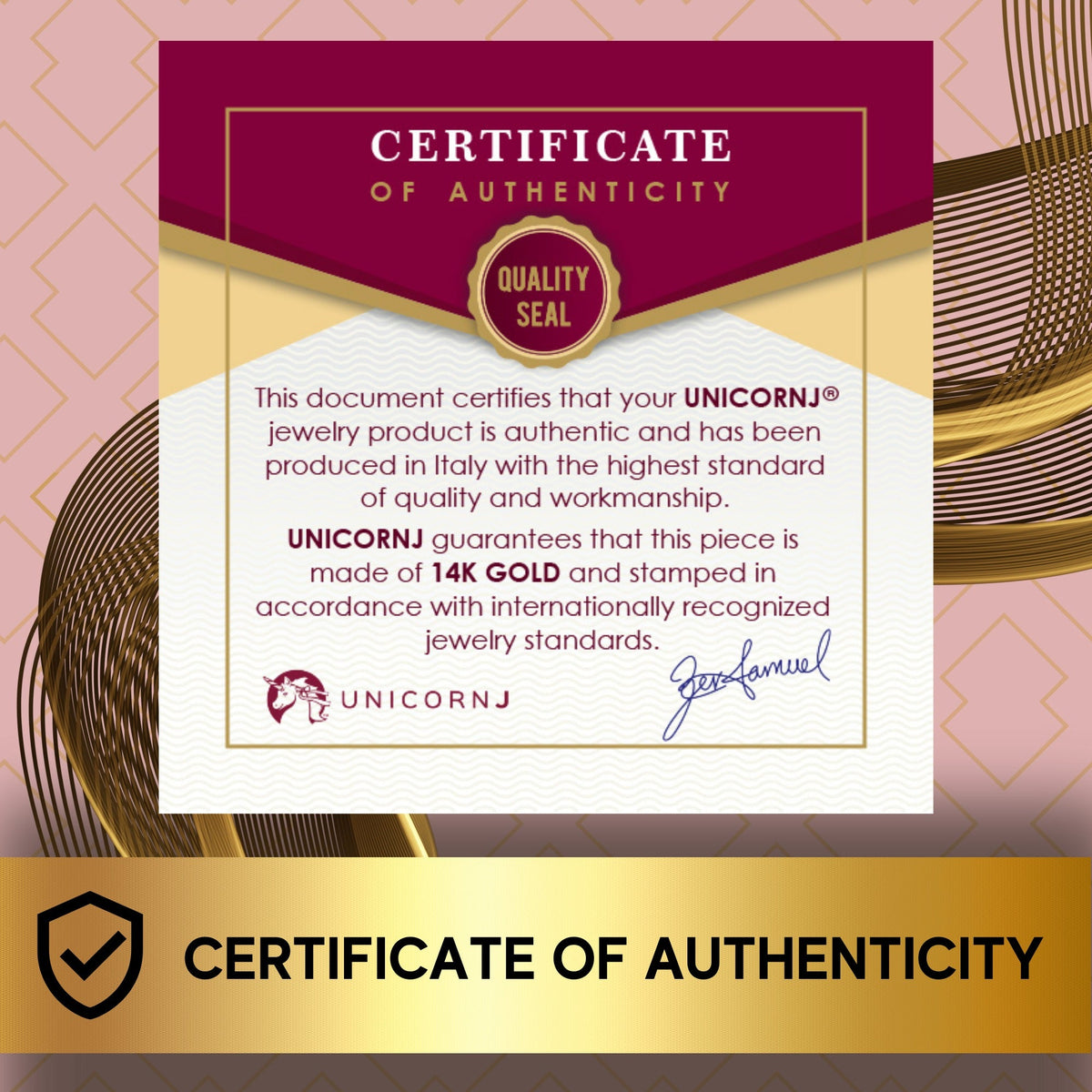 UNICORNJ 14K Yellow Gold Engravable ID Bracelet, Pink Enamel, 5.5 Inches