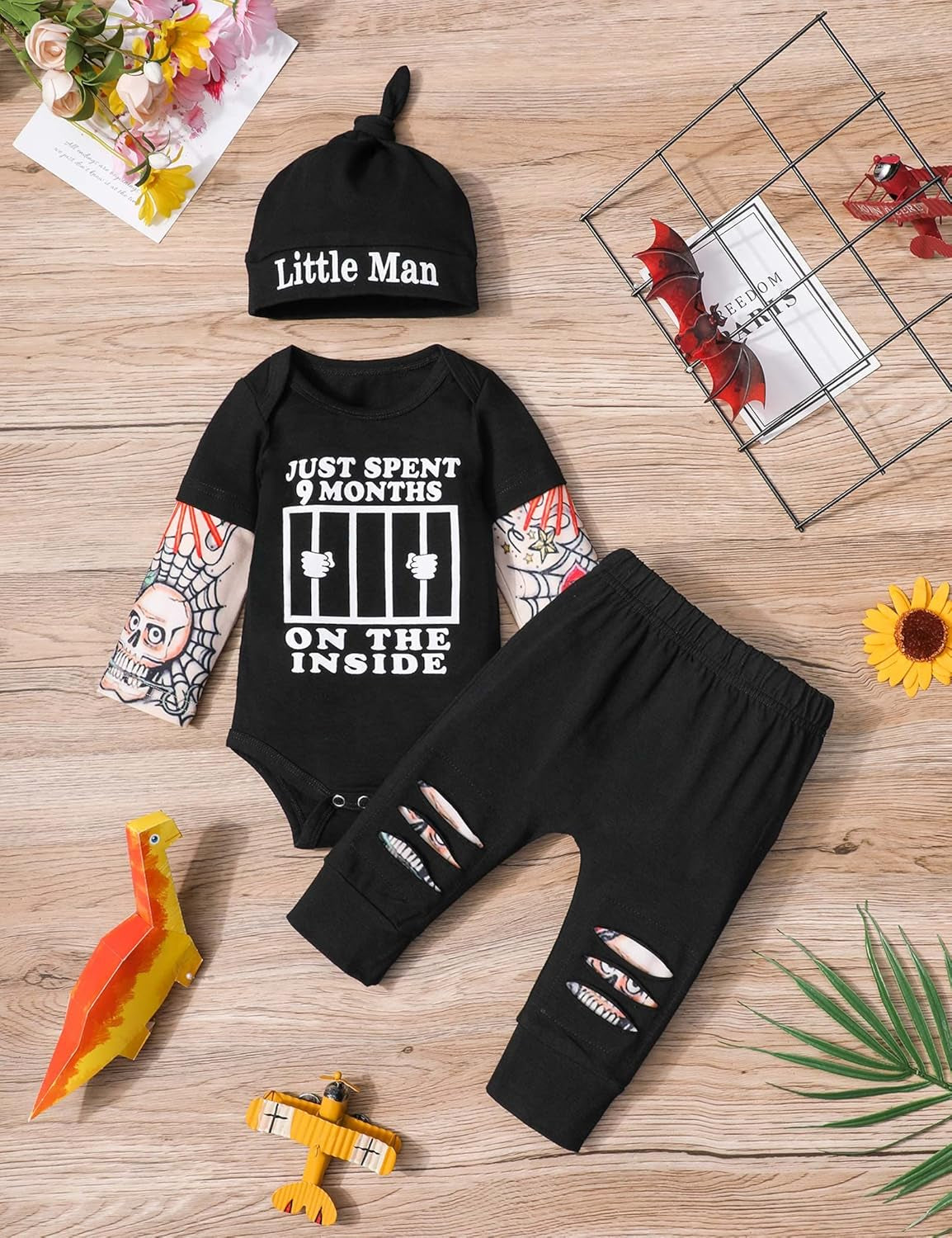 Baby Boy Clothes Tattoo Sleeve Funny Romper Bodysuit+Pants 3PCS Infant Outfits Set