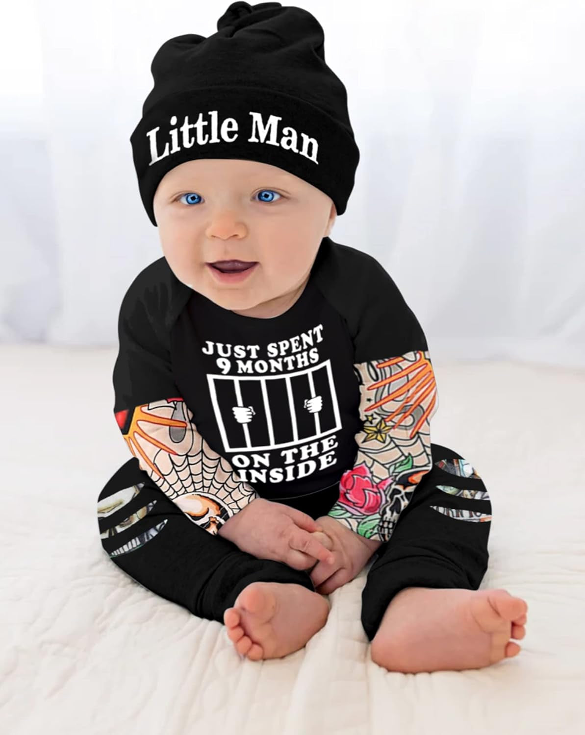 Baby Boy Clothes Tattoo Sleeve Funny Romper Bodysuit+Pants 3PCS Infant Outfits Set