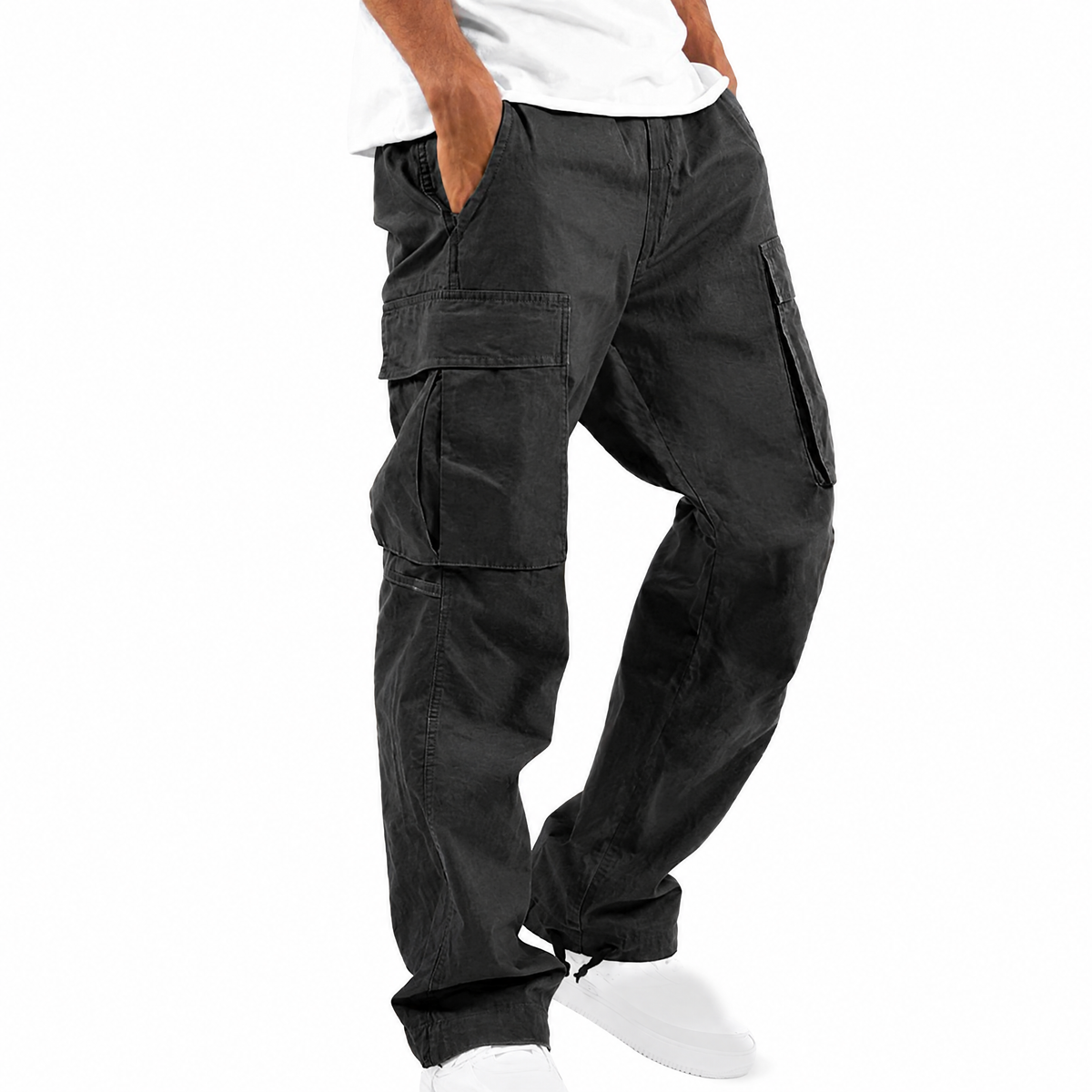 Black multi-pocket casual cargo pants, based on the exact Black-Pants variant photo; AI-assisted background and framing.