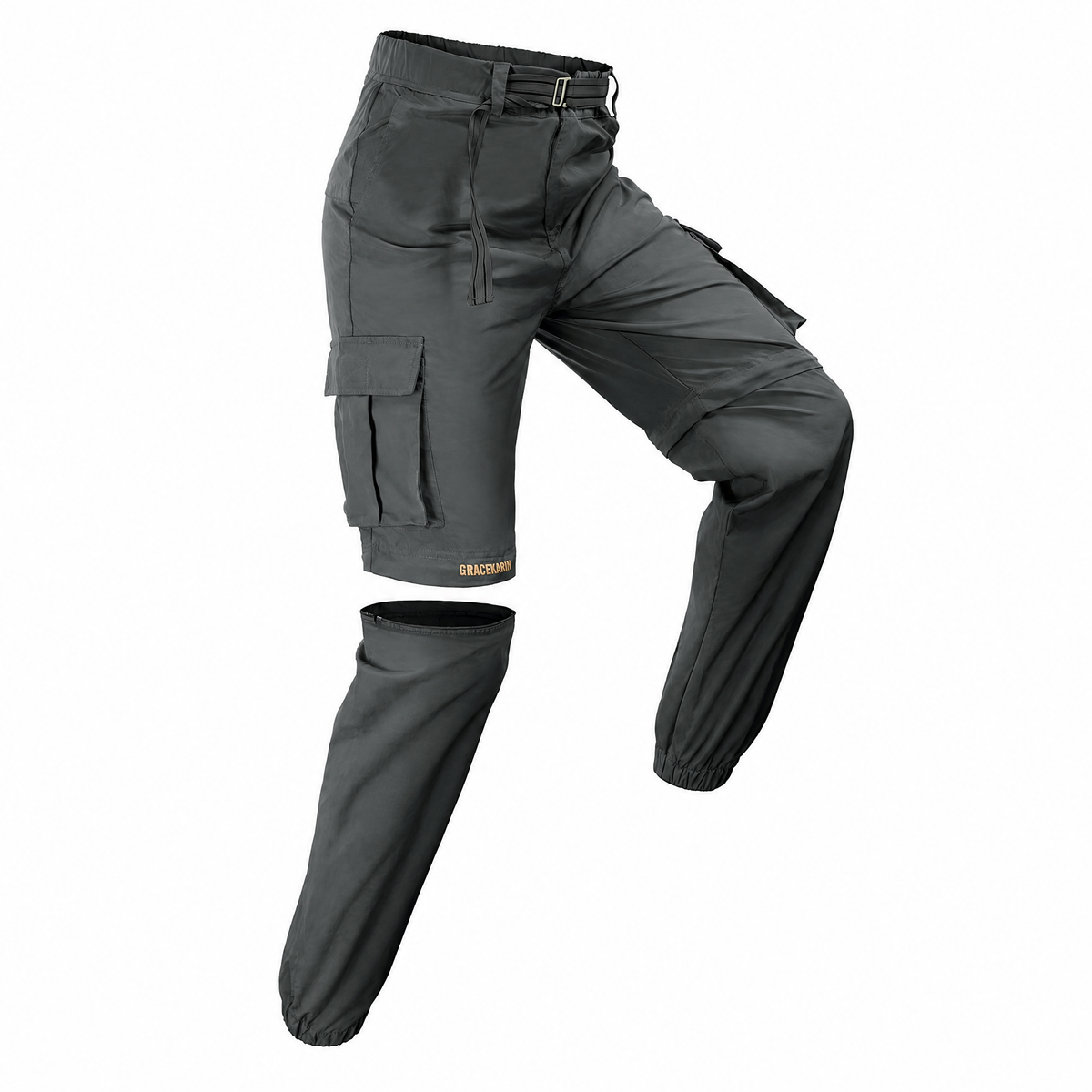GRACE KARIN dark-grey convertible hiking pants showing the zip-off leg design; shared model/color reference with AI-assisted framing.