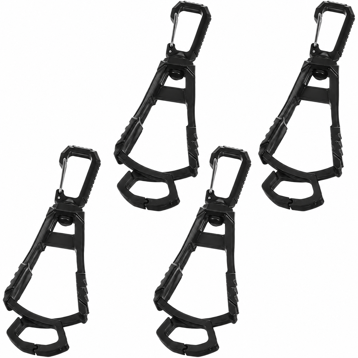 Four black glove holder clips, based on the verified four-pack reference photo; AI-assisted background cleanup.