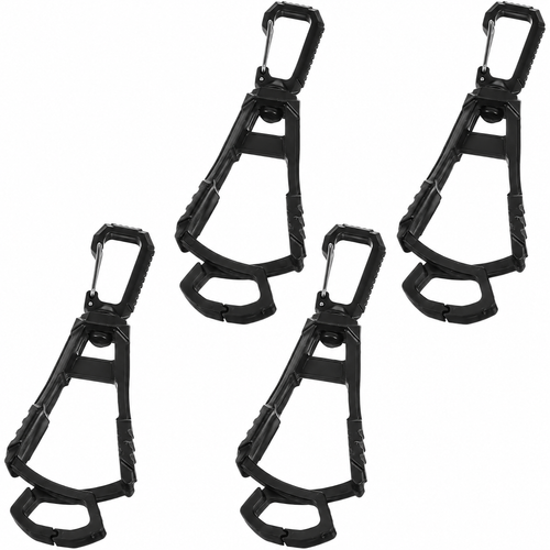Four black glove holder clips, based on the verified four-pack reference photo; AI-assisted background cleanup.