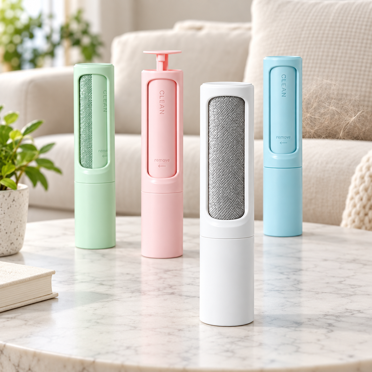 Tap In FurLift reusable pet hair remover in four colors beside a sofa