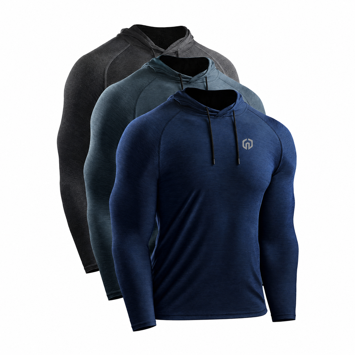 Neleus 5071 three-pack of dark grey, navy and slate grey hooded long-sleeve shirts; AI-assisted framing from the exact product photo.